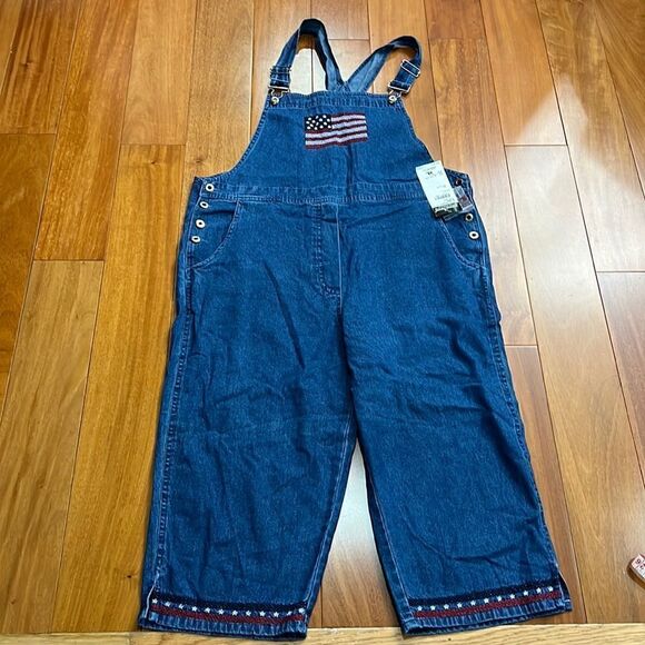 NWT Donna Rico Vintage 1990s Overalls American Flag Patchwork Wide Leg Crop XL - Picture 1 of 9